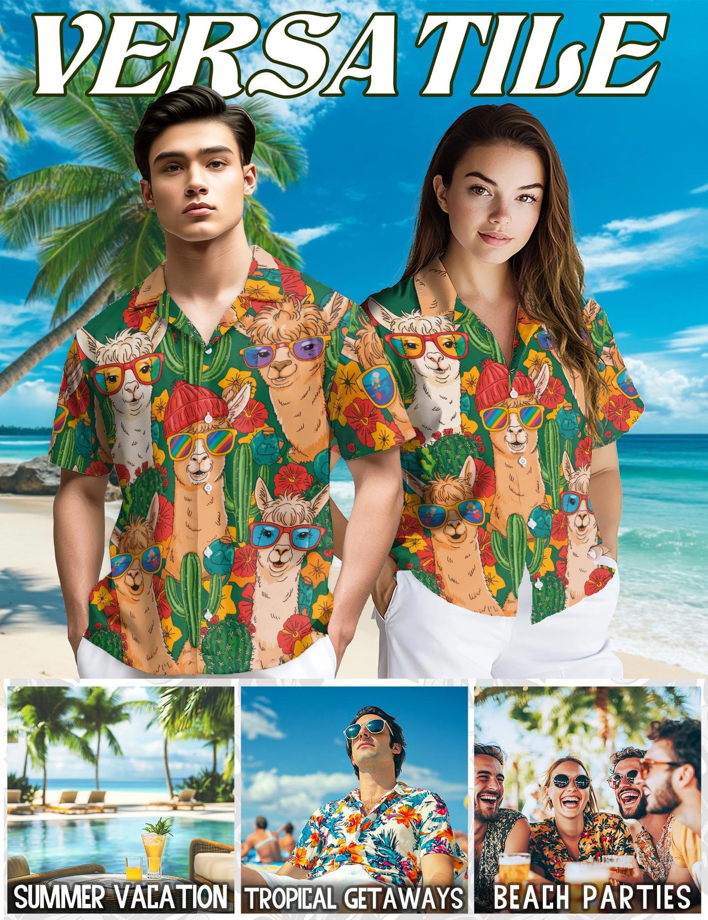 Netecom Llamazing Hawaiian Shirt for Men, Tropical Style, Button Down Summer Beach Short Sleeve, S-5XL