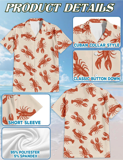 Netecom Lobster Pattern Hawaiian Shirt for Men, Retro Style, Button Down Summer Beach Short Sleeve, S-5XL