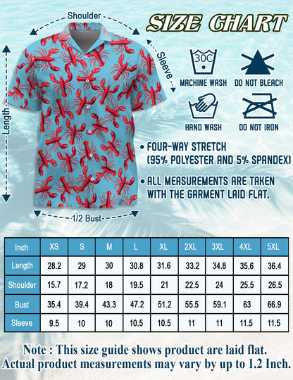 Netecom Lobster Red Pattern Hawaiian Shirt for Men, Button Down Summer Beach Short Sleeve, Vintage Style, Sizes S-5XL