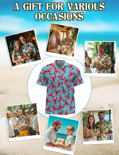 Netecom Lobster Red Pattern Hawaiian Shirt for Men, Button Down Summer Beach Short Sleeve, Vintage Style, Sizes S-5XL