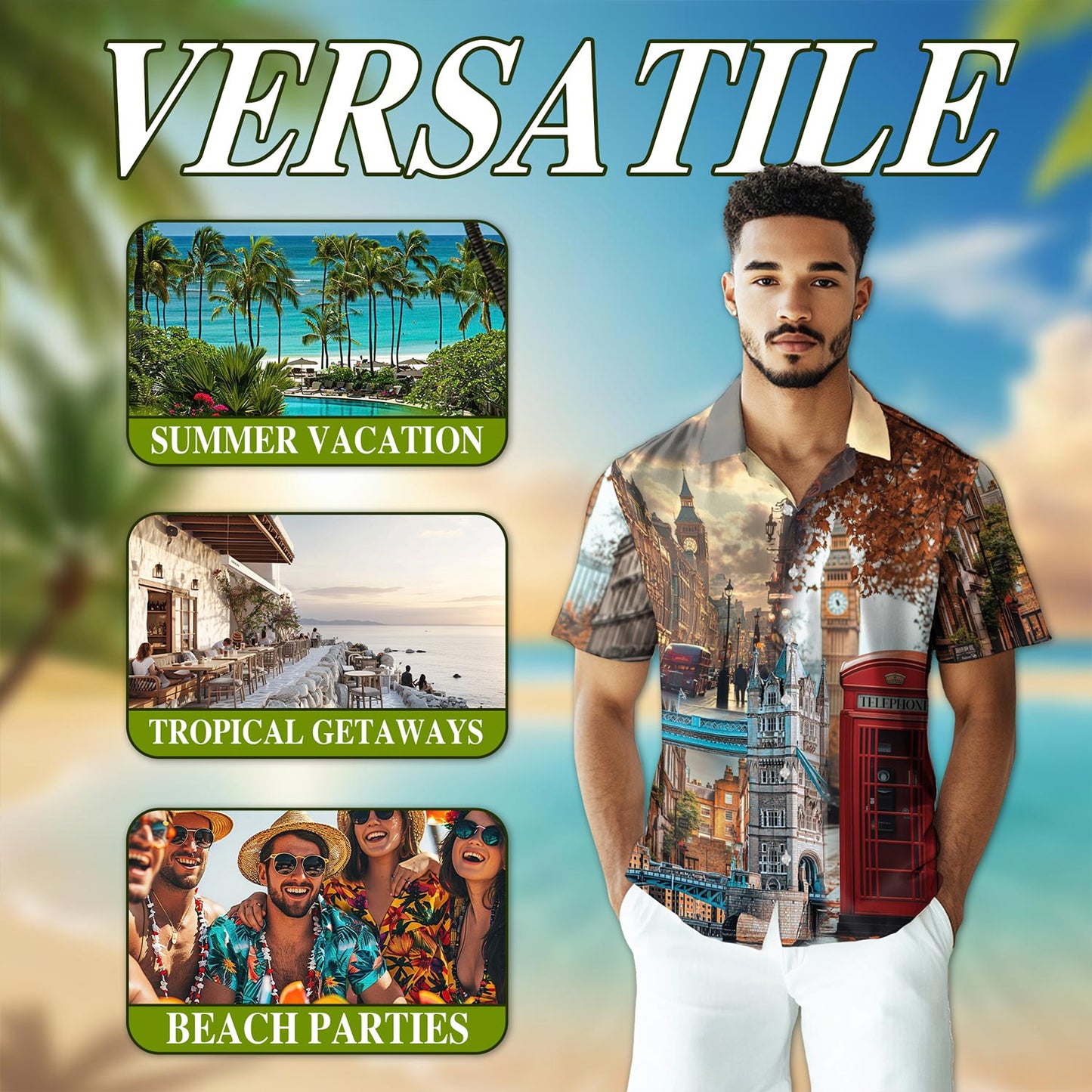Netecom London Vintage Hawaiian Shirt for Men, Button Down Summer Beach Short Sleeve, Retro Style, S-5XL