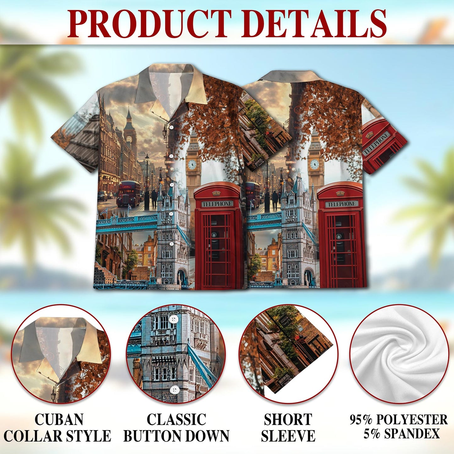 Netecom London Vintage Hawaiian Shirt for Men, Button Down Summer Beach Short Sleeve, Retro Style, S-5XL