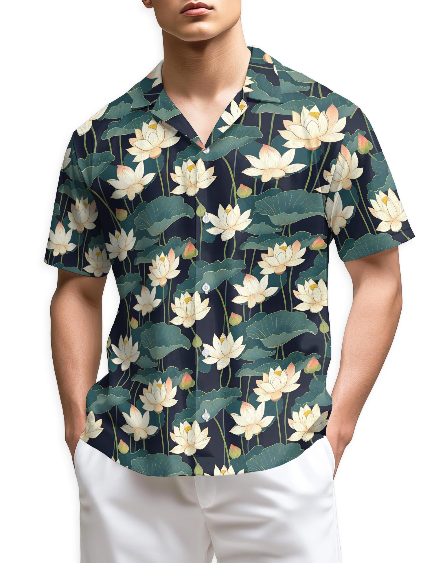 Netecom Lotus Pattern Hawaiian Shirt for Men