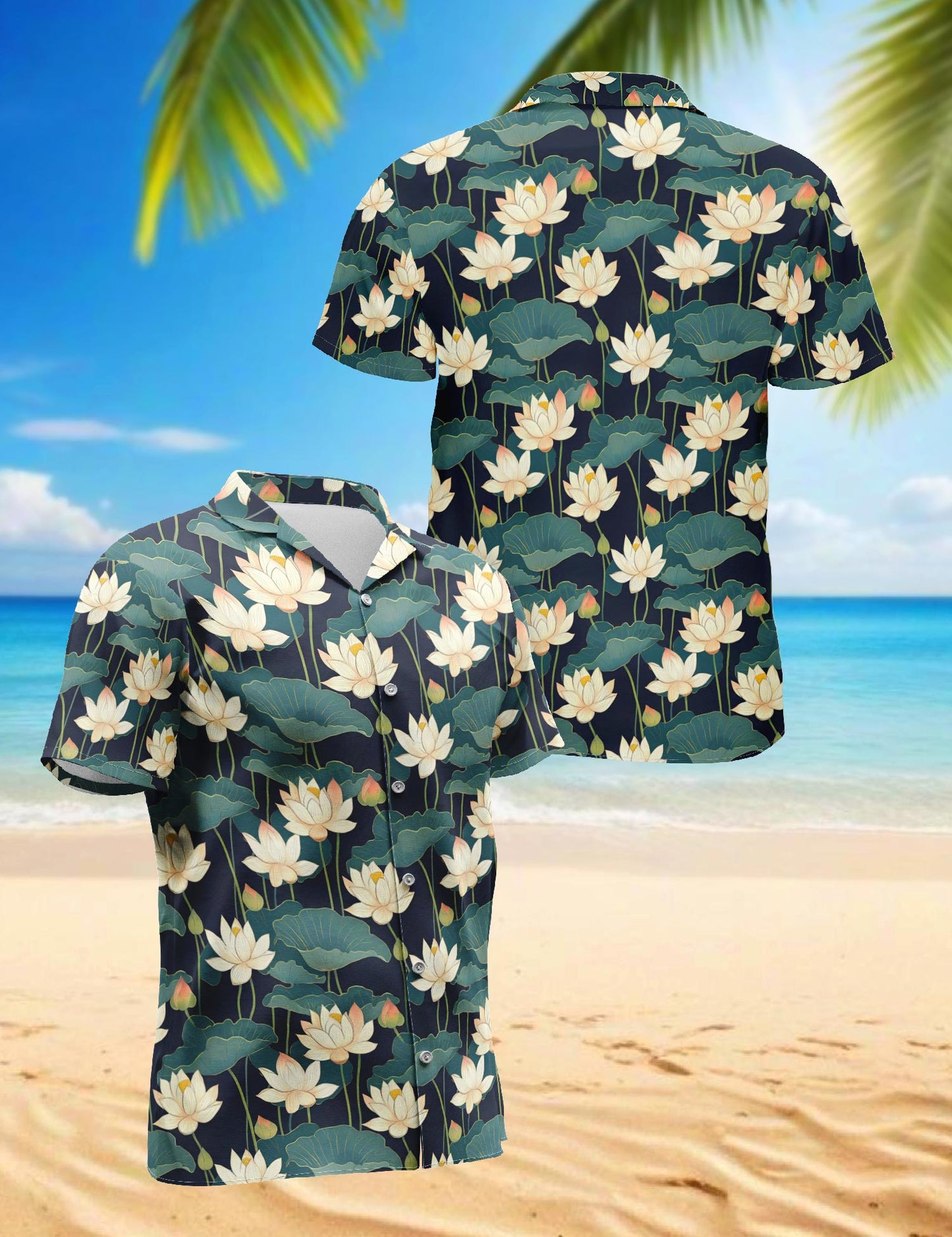 Netecom Lotus Pattern Hawaiian Shirt for Men, Vintage Style, Button Down Summer Beach Short Sleeve, S-5XL