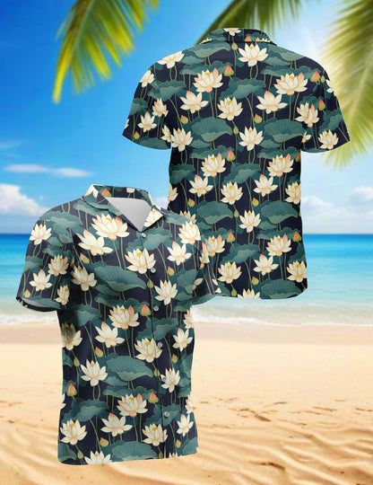 Netecom Lotus Pattern Hawaiian Shirt for Men, Vintage Style, Button Down Summer Beach Short Sleeve, S-5XL