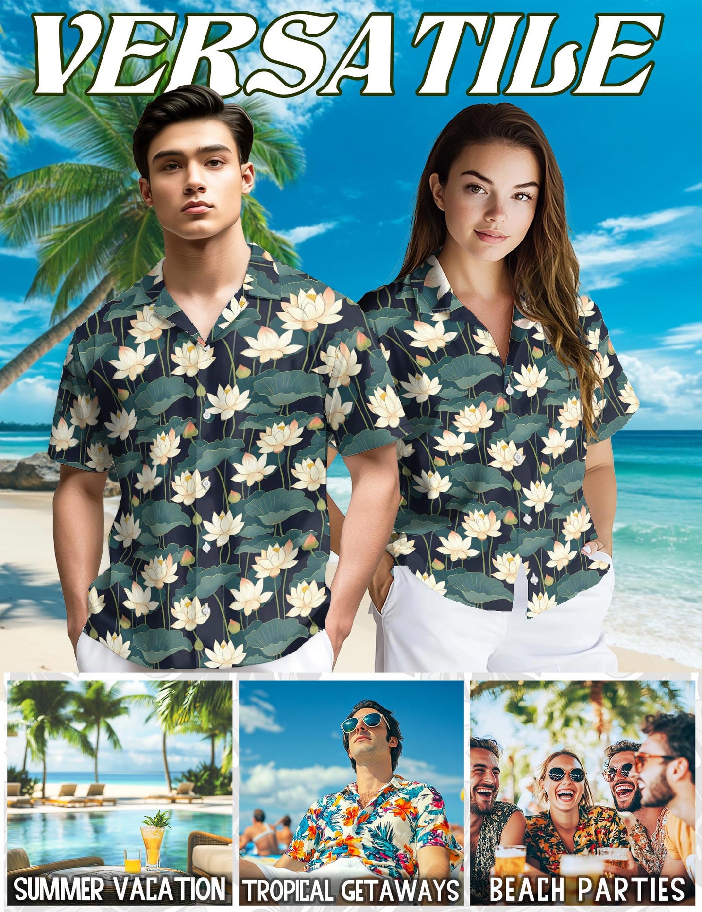 Netecom Lotus Pattern Hawaiian Shirt for Men, Vintage Style, Button Down Summer Beach Short Sleeve, S-5XL