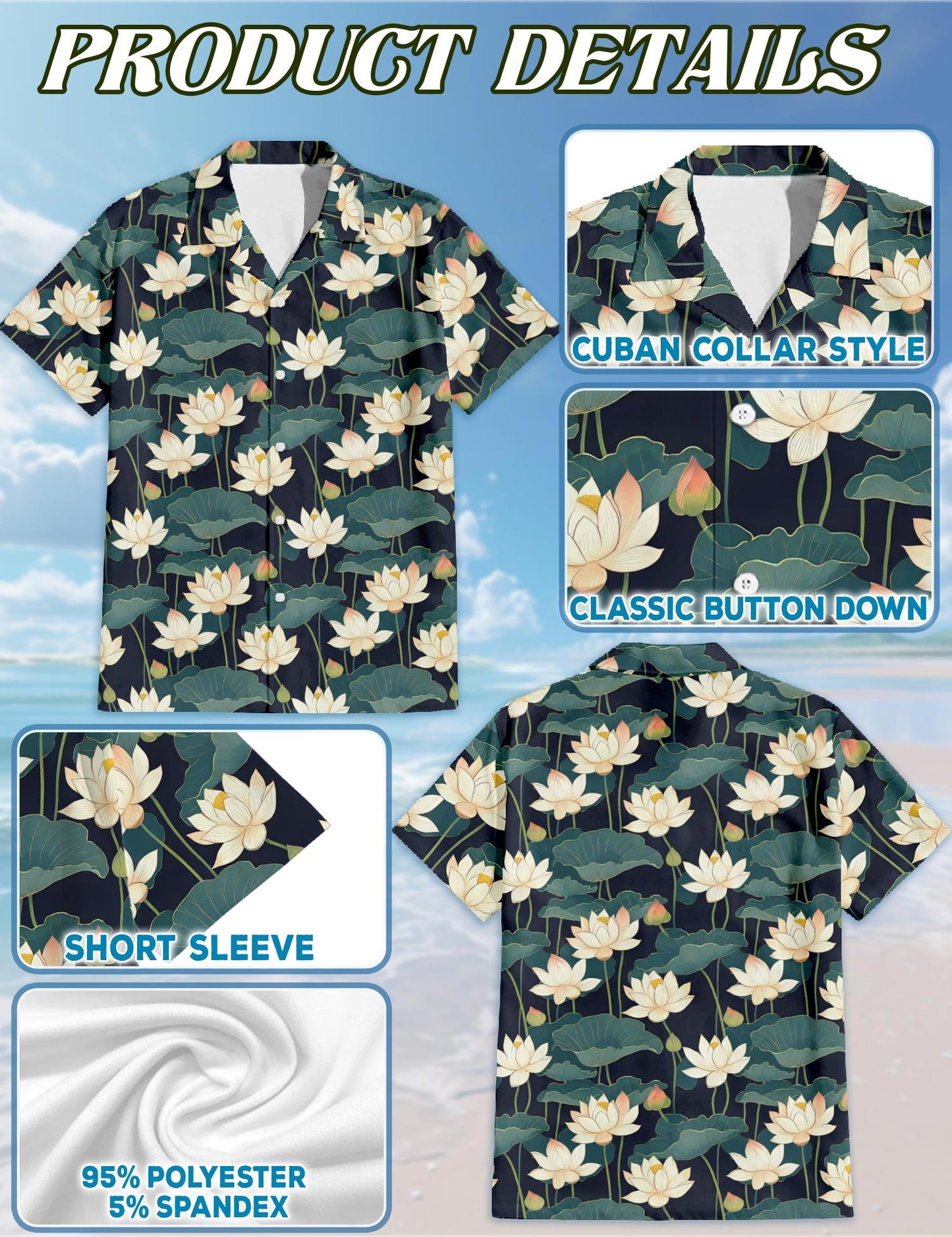 Netecom Lotus Pattern Hawaiian Shirt for Men, Vintage Style, Button Down Summer Beach Short Sleeve, S-5XL