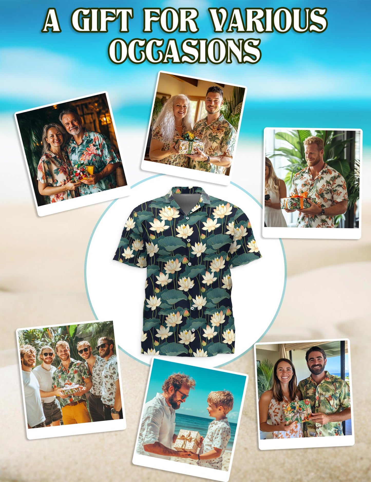 Netecom Lotus Pattern Hawaiian Shirt for Men, Vintage Style, Button Down Summer Beach Short Sleeve, S-5XL