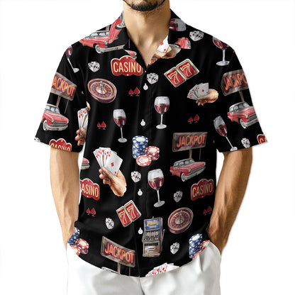 Netecom Lucky Las Vegas Black Hawaiian Shirt for Men, Button Down Summer Beach Short Sleeve, Vintage Style, Sizes S-5XL