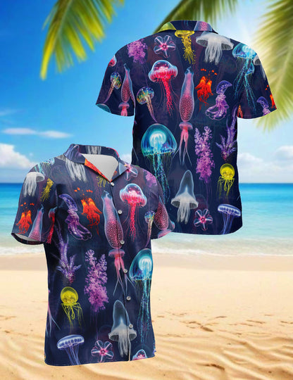 Netecom Luminescent Jellyfish Hawaiian Shirt for Men, Ocean Glow Style, Button Down Summer Beach Short Sleeve, S-5XL