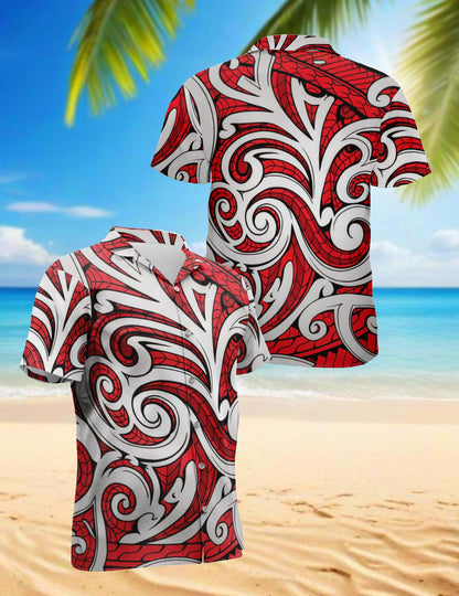 Netecom Maori Kowhaiwhai Polynesian Hawaiian Shirt for Men, Polynesian Style, Button Down Summer Beach Short Sleeve, S-5XL