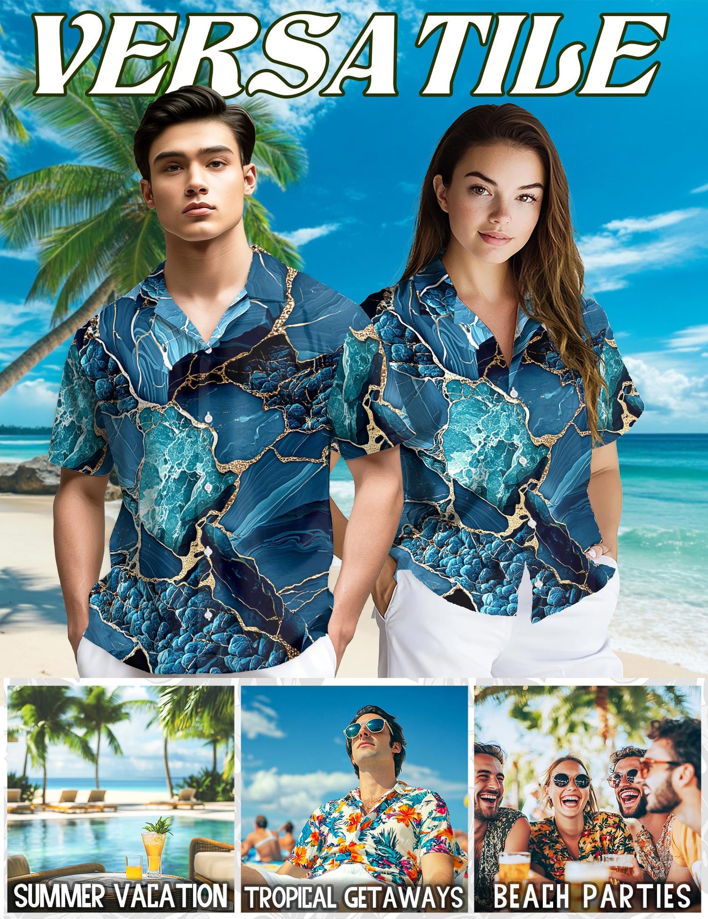 Netecom Marble Hawaiian Shirt for Men, Retro Style, Button Down Summer Beach Short Sleeve, S-5XL