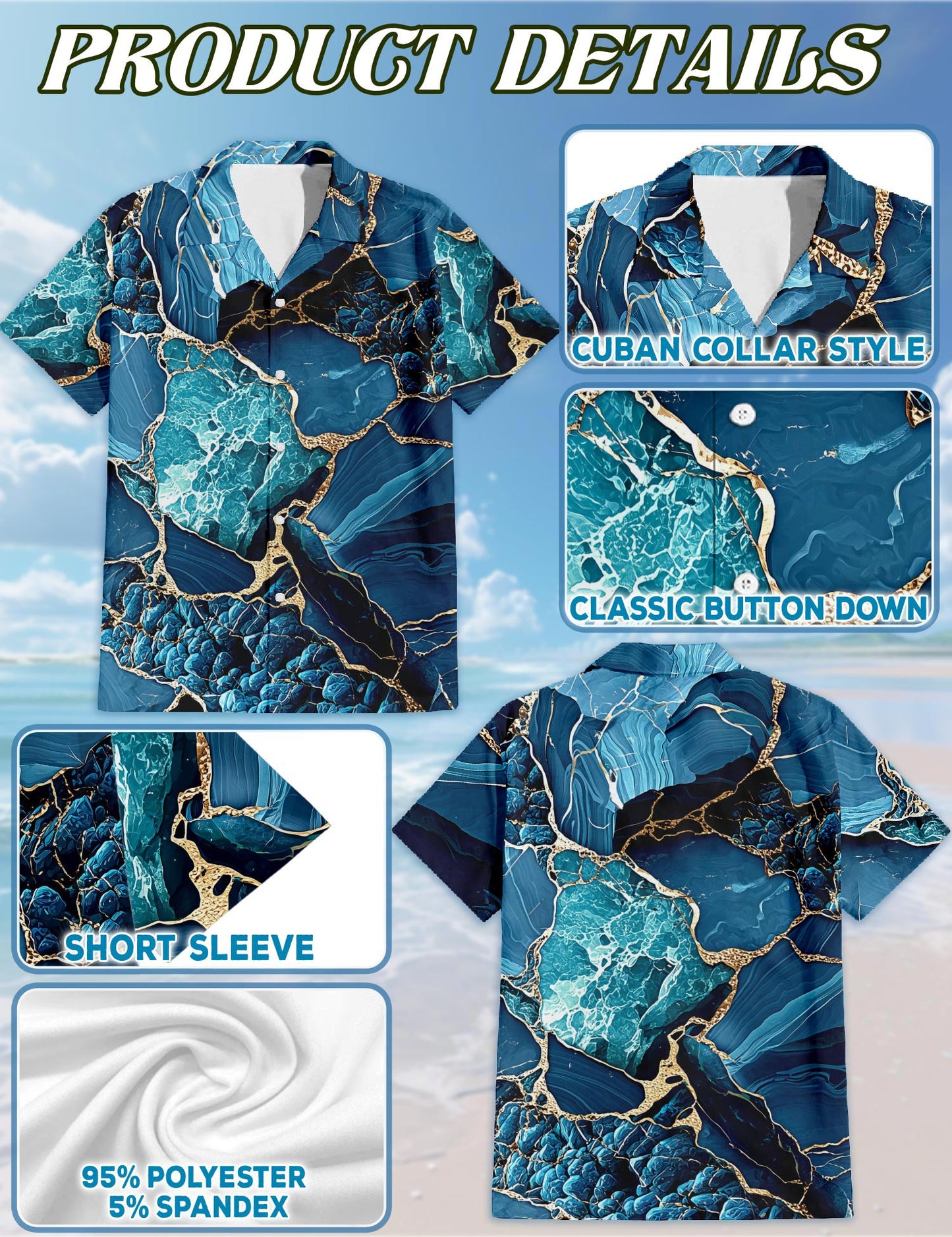 Netecom Marble Hawaiian Shirt for Men, Retro Style, Button Down Summer Beach Short Sleeve, S-5XL