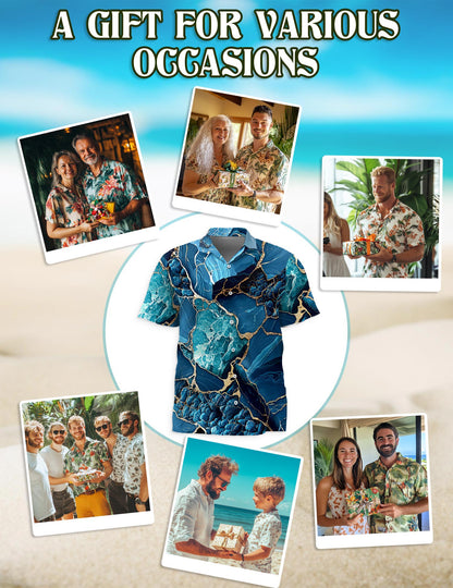 Netecom Marble Hawaiian Shirt for Men, Retro Style, Button Down Summer Beach Short Sleeve, S-5XL