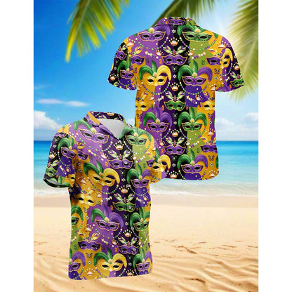 Netecom Mardi Gras Mask Hawaiian Shirt for Men, Button Down Summer Beach Short Sleeve, Festive Carnival Style, S-5XL