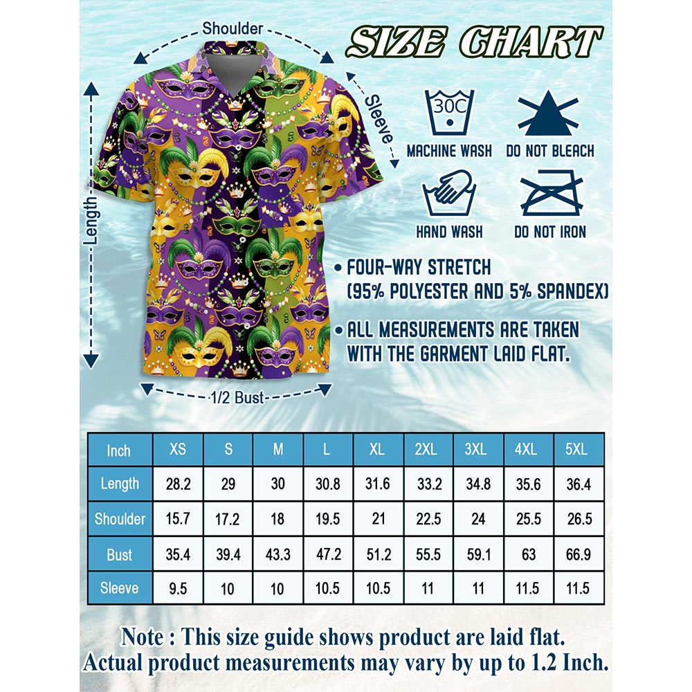 Netecom Mardi Gras Mask Hawaiian Shirt for Men, Button Down Summer Beach Short Sleeve, Festive Carnival Style, S-5XL