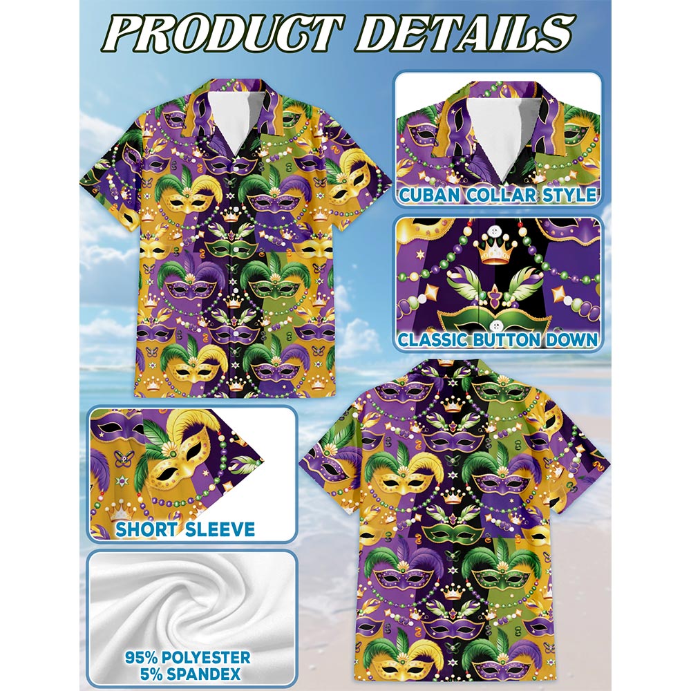 Netecom Mardi Gras Mask Hawaiian Shirt for Men, Button Down Summer Beach Short Sleeve, Festive Carnival Style, S-5XL