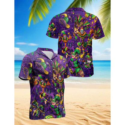 Netecom Mardi Gras Party Hawaiian Shirt for Men, Button Down Summer Beach Short Sleeve, Purple Carnival Style, S-5XL