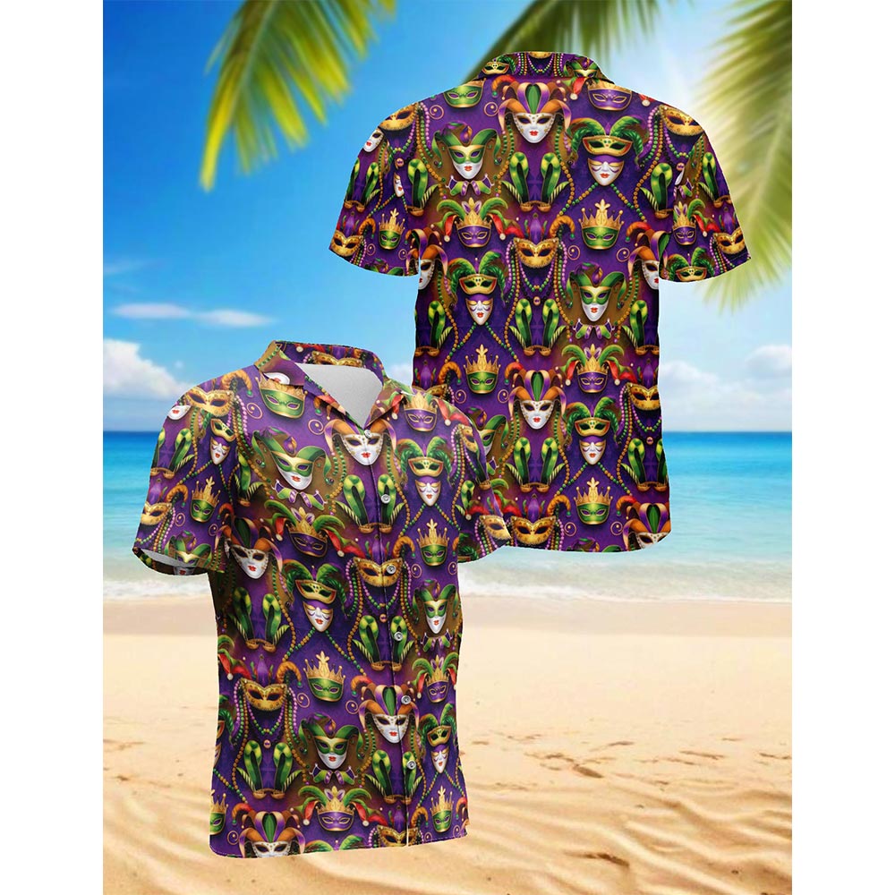 Netecom Mardi Gras Party Hawaiian Shirt for Men, Button Down Summer Beach Short Sleeve, Festive Carnival Style, S-5XL