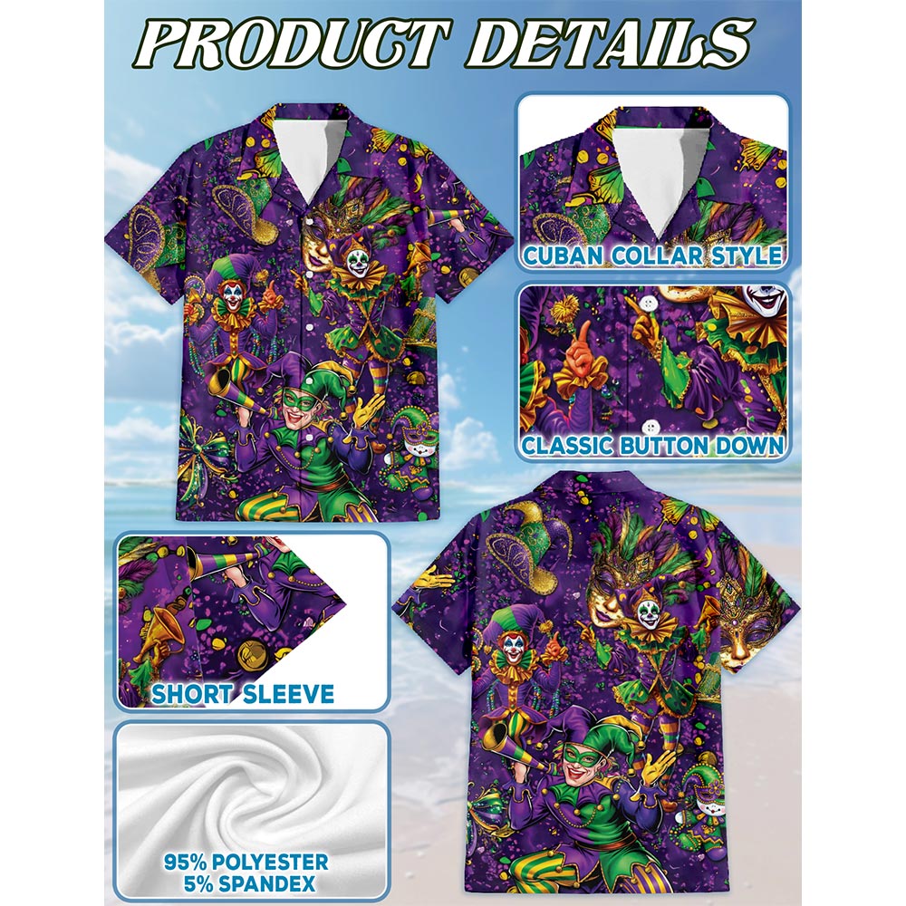 Netecom Mardi Gras Party Hawaiian Shirt for Men, Button Down Summer Beach Short Sleeve, Purple Carnival Style, S-5XL