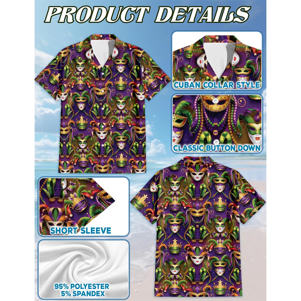 Netecom Mardi Gras Party Hawaiian Shirt for Men, Button Down Summer Beach Short Sleeve, Festive Carnival Style, S-5XL