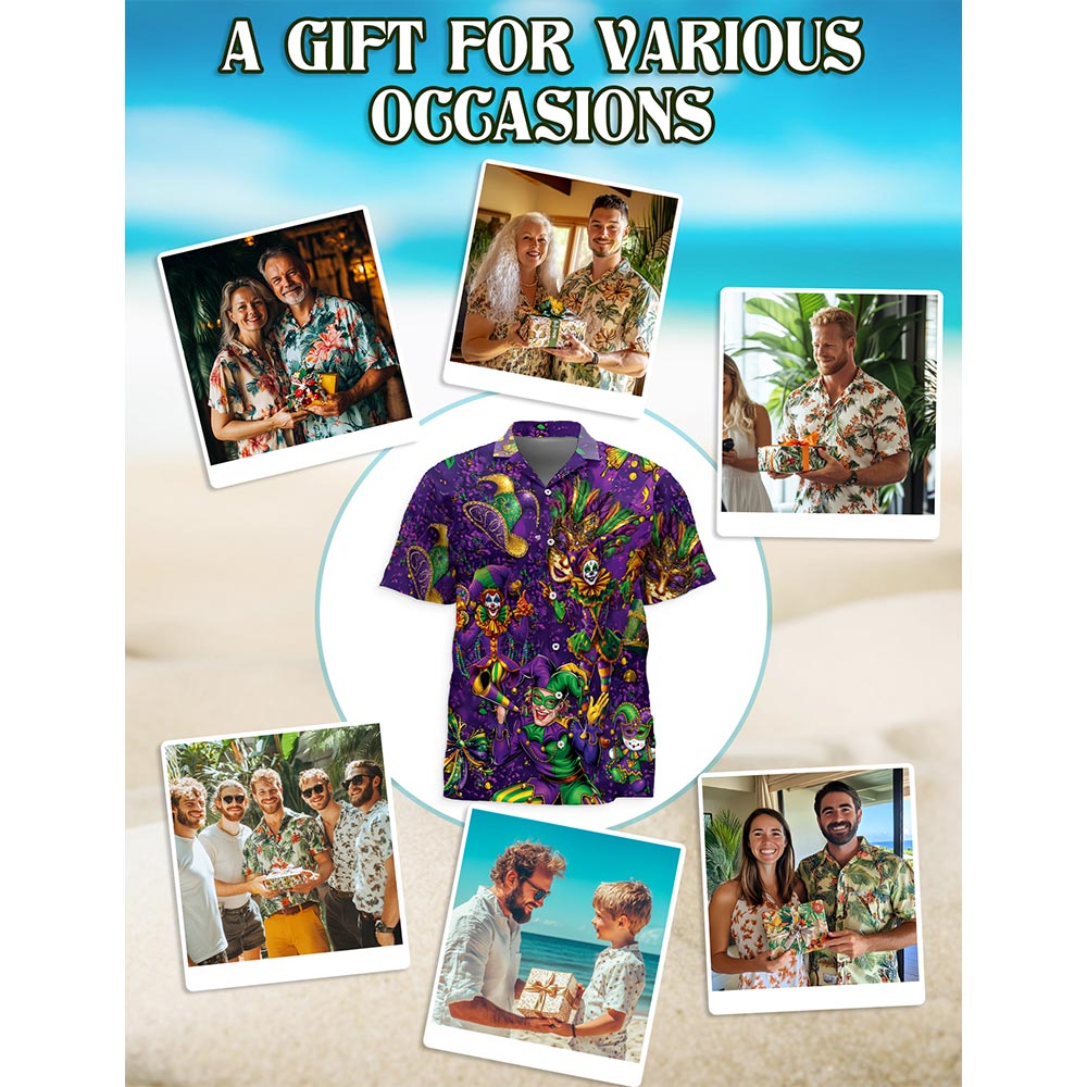 Netecom Mardi Gras Party Hawaiian Shirt for Men, Button Down Summer Beach Short Sleeve, Purple Carnival Style, S-5XL