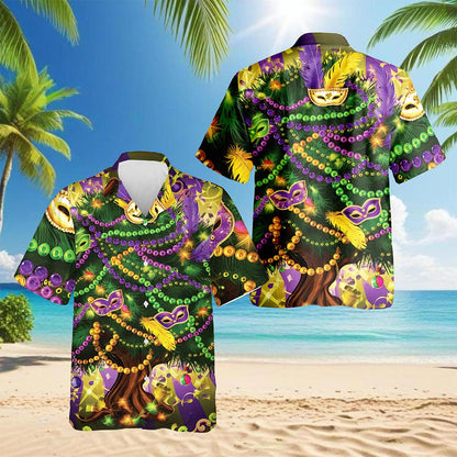 Netecom Mardi Gras Tree Hawaiian Shirt for Men, Button Down Summer Beach Short Sleeve, Festive Carnival Style, S-5XL