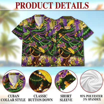 Netecom Mardi Gras Tree Hawaiian Shirt for Men, Button Down Summer Beach Short Sleeve, Festive Carnival Style, S-5XL