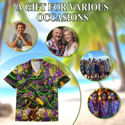 Netecom Mardi Gras Tree Hawaiian Shirt for Men, Button Down Summer Beach Short Sleeve, Festive Carnival Style, S-5XL