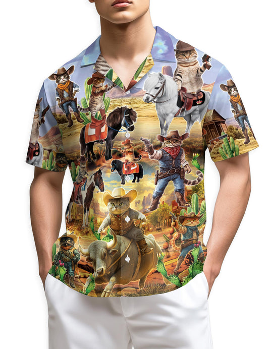 Netecom Meowdy Cowboy Cat Hawaiian Shirt for Men, Western Funny Style, Button Down Summer Beach Short Sleeve, S-5XL