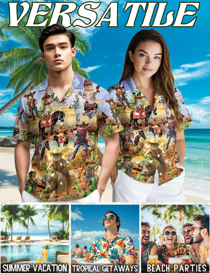 Netecom Meowdy Cowboy Cat Hawaiian Shirt for Men, Western Funny Style, Button Down Summer Beach Short Sleeve, S-5XL