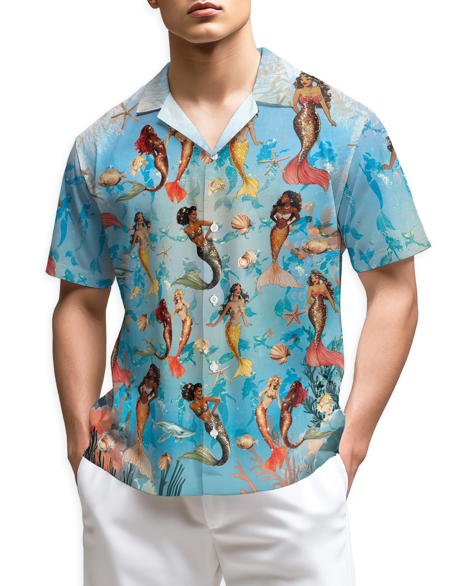 Netecom Mermaid Coral Reef Hawaiian Shirt for Men