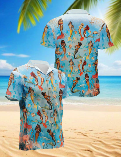 Netecom Mermaid Coral Reef Hawaiian Shirt for Men, Ocean Lovers, Under The Sea Button Down Summer Beach Short Sleeve, S-5XL