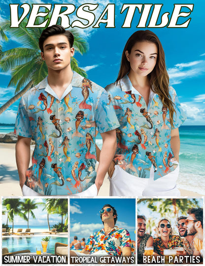 Netecom Mermaid Coral Reef Hawaiian Shirt for Men, Ocean Lovers, Under The Sea Button Down Summer Beach Short Sleeve, S-5XL