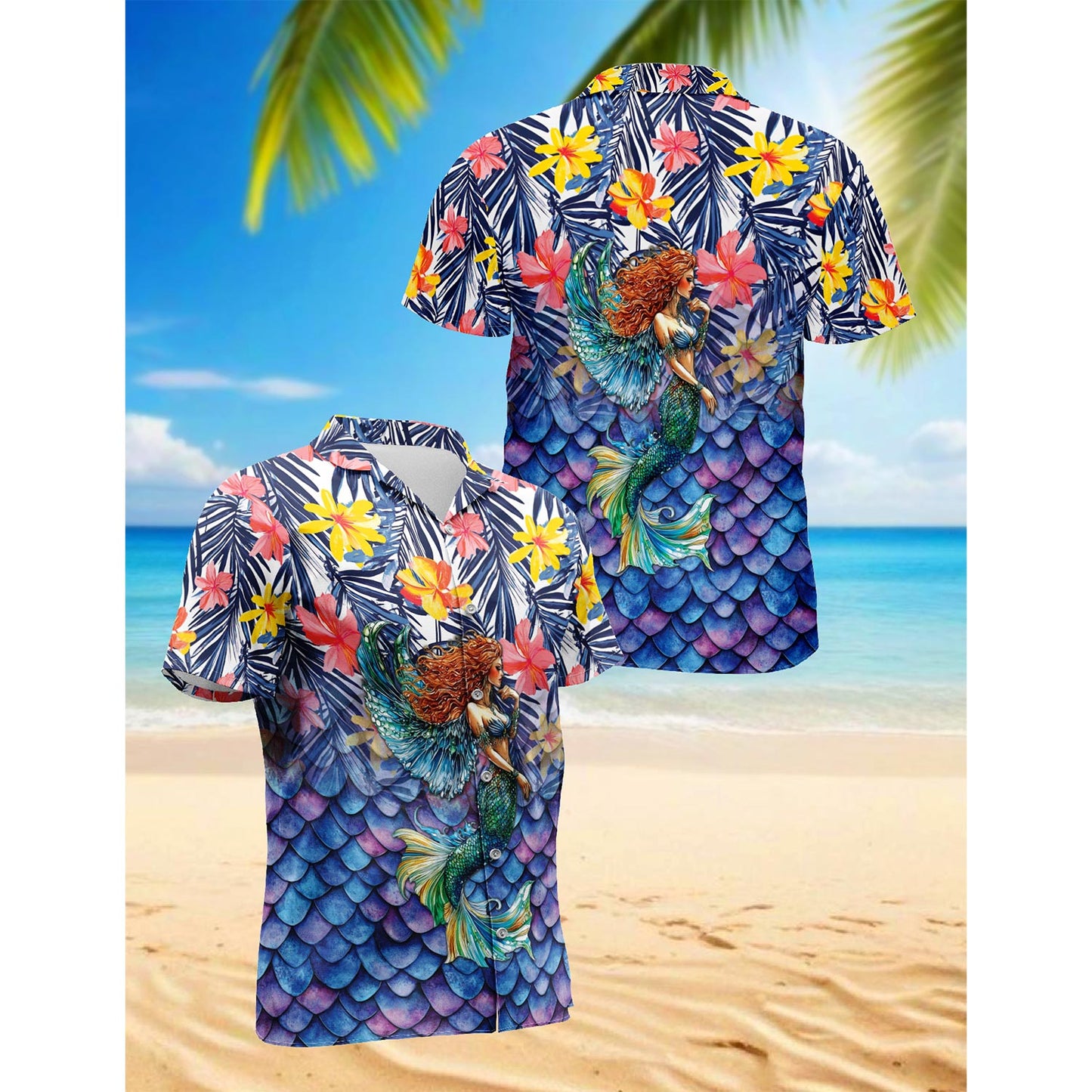 Netecom Mermaid Tropical Hawaiian Shirt for Men, Button Down Summer Beach Short Sleeve, Tropical Style, Sizes S-5XL