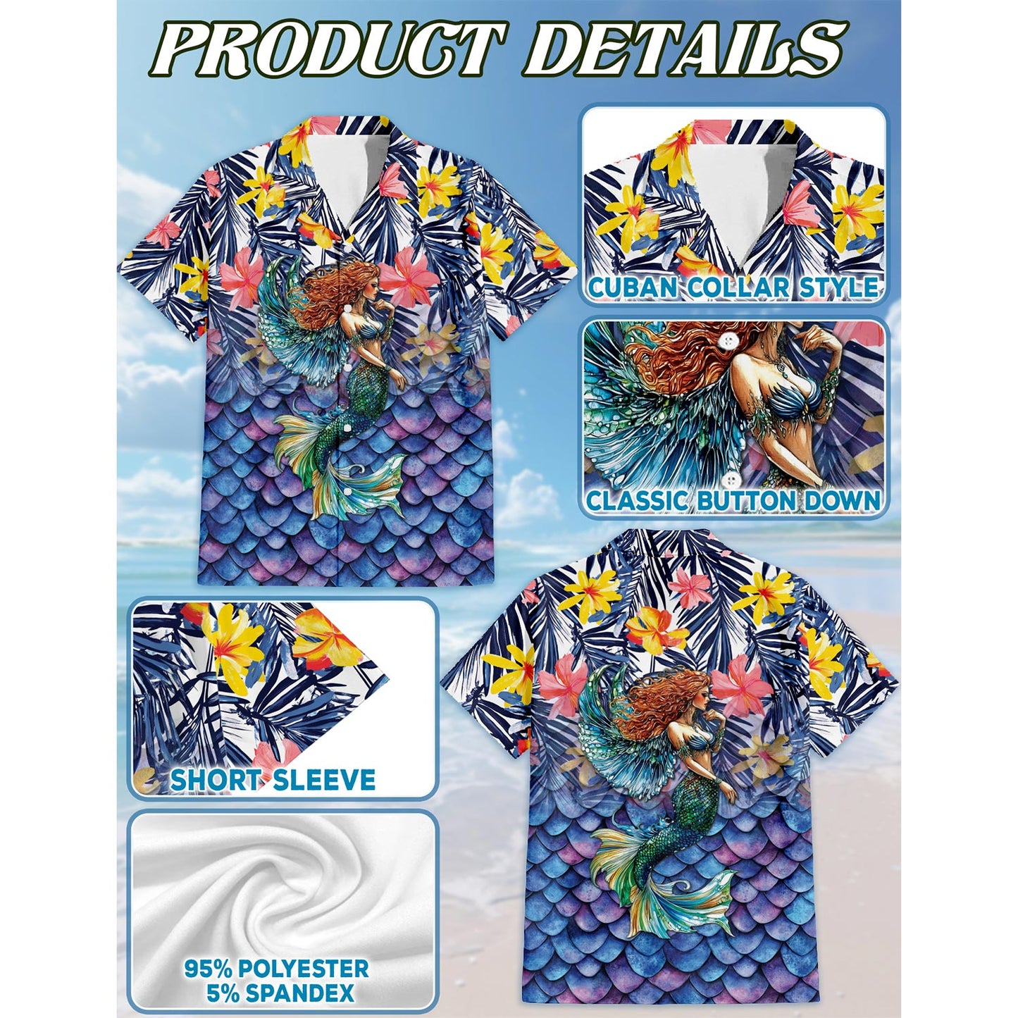 Netecom Mermaid Tropical Hawaiian Shirt for Men, Button Down Summer Beach Short Sleeve, Tropical Style, Sizes S-5XL