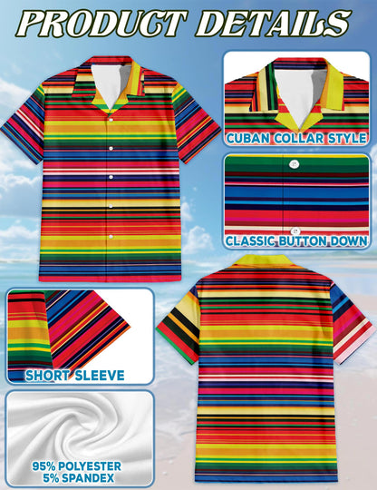 Netecom Mexican Serape Blanket Pattern Hawaiian Shirt for Men, Button Down Summer Beach Short Sleeve, Retro Vintage, Sizes S-5XL