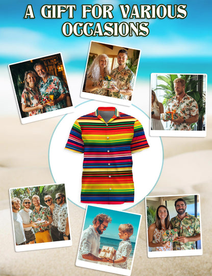Netecom Mexican Serape Blanket Pattern Hawaiian Shirt for Men, Button Down Summer Beach Short Sleeve, Retro Vintage, Sizes S-5XL