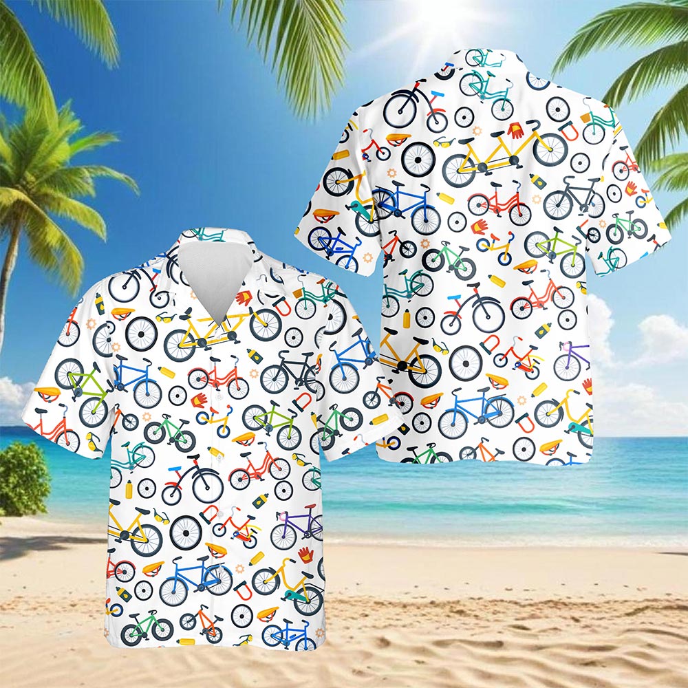 Netecom Mini Bicycle Hawaiian Shirt for Men, Retro Style, Button Down Summer Beach Short Sleeve, S-5XL