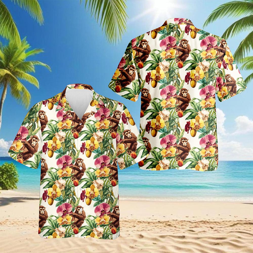 Netecom Monkey Hawaiian Shirt for Men, Tropical Style, Button Down Summer Beach Short Sleeve, S-5XL