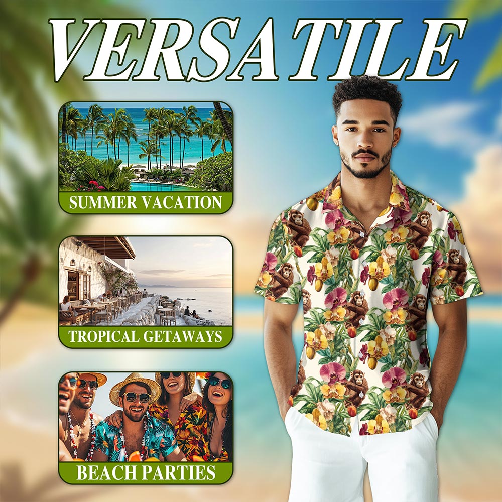 Netecom Monkey Hawaiian Shirt for Men, Tropical Style, Button Down Summer Beach Short Sleeve, S-5XL