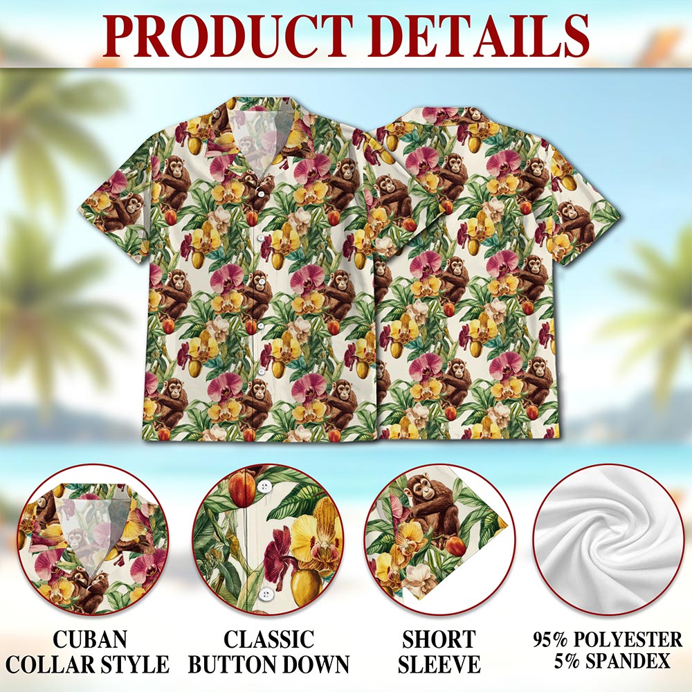 Netecom Monkey Hawaiian Shirt for Men, Tropical Style, Button Down Summer Beach Short Sleeve, S-5XL