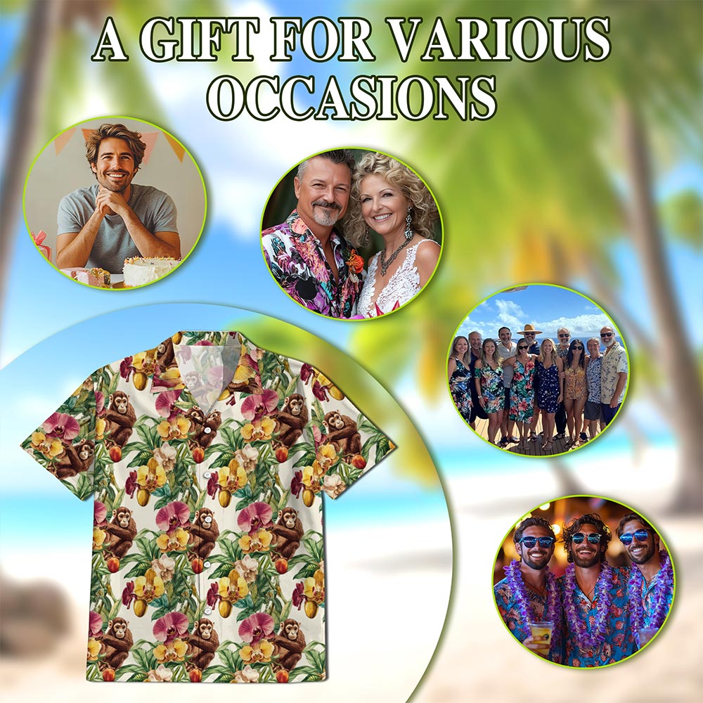 Netecom Monkey Hawaiian Shirt for Men, Tropical Style, Button Down Summer Beach Short Sleeve, S-5XL