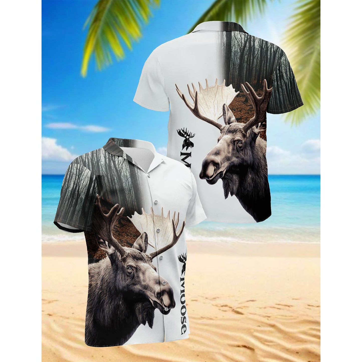 Netecom Moose Forest Hawaiian Shirt for Men, Button Down Summer Beach Short Sleeve, Sizes S-5XL