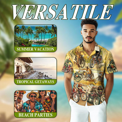 Netecom Motorcycles Hawaiian Shirt for Men, Vintage Style, Button Down Summer Beach Short Sleeve, S-5XL