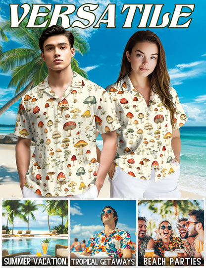 Netecom Mushroom Hawaiian Shirt for Men, Vintage Style, Button Down Summer Beach Short Sleeve, S-5XL