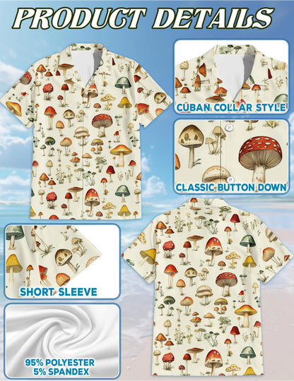 Netecom Mushroom Hawaiian Shirt for Men, Vintage Style, Button Down Summer Beach Short Sleeve, S-5XL