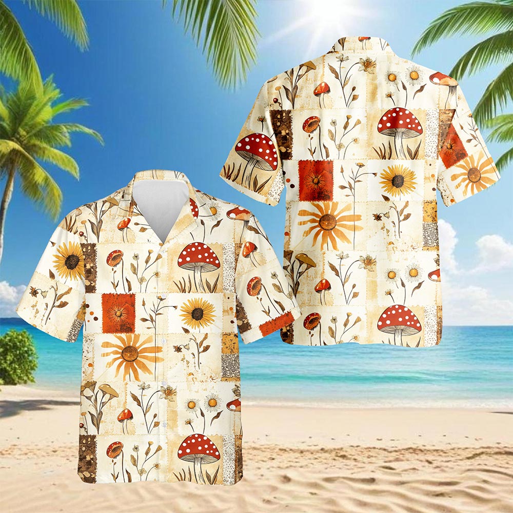 Netecom Mushroom Pattern Hawaiian Shirt for Men, Patchwork Retro Style, Button Down Summer Beach Short Sleeve, S-5XL
