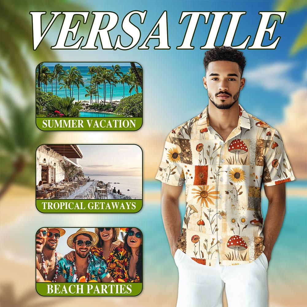 Netecom Mushroom Pattern Hawaiian Shirt for Men, Patchwork Retro Style, Button Down Summer Beach Short Sleeve, S-5XL