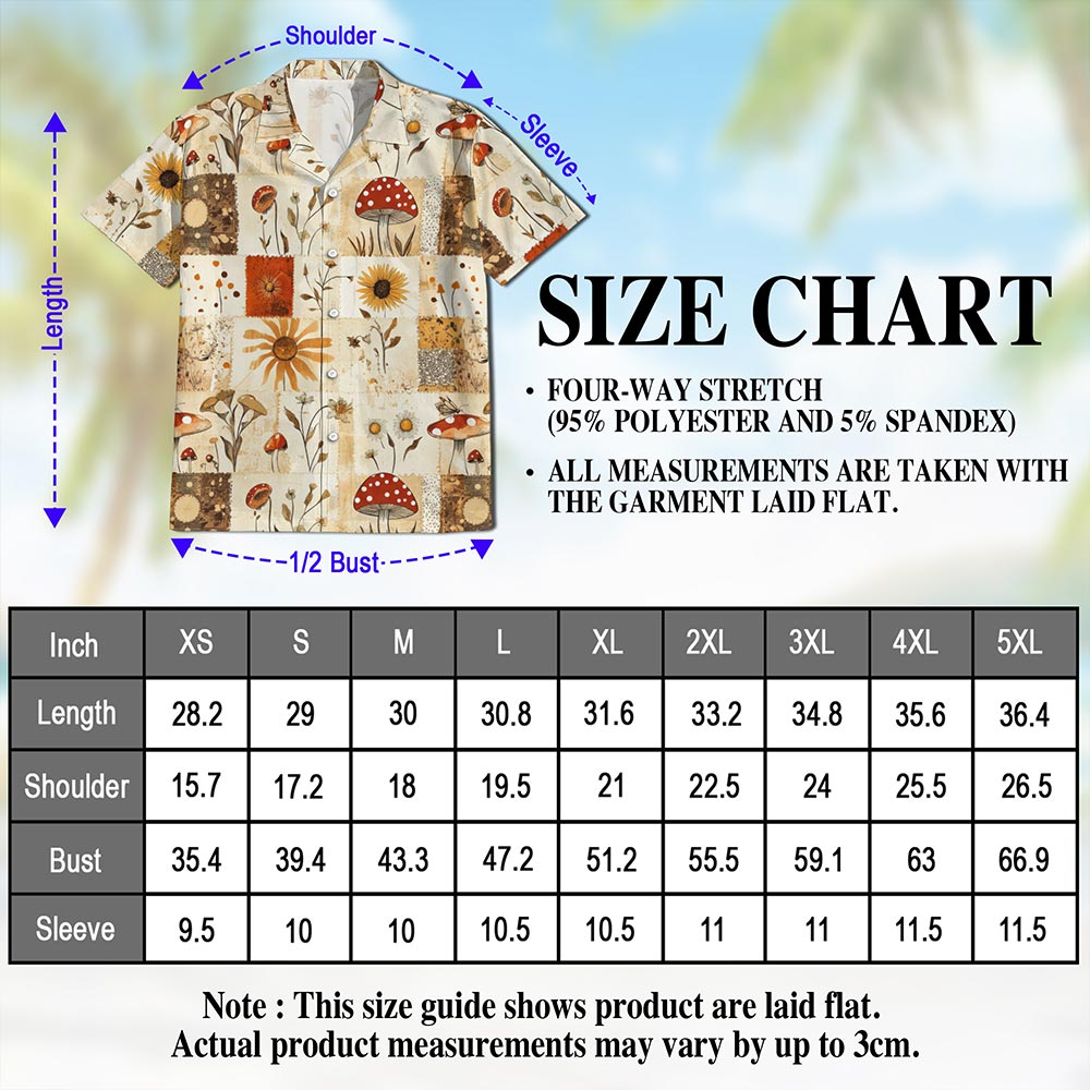Netecom Mushroom Pattern Hawaiian Shirt for Men, Patchwork Retro Style, Button Down Summer Beach Short Sleeve, S-5XL
